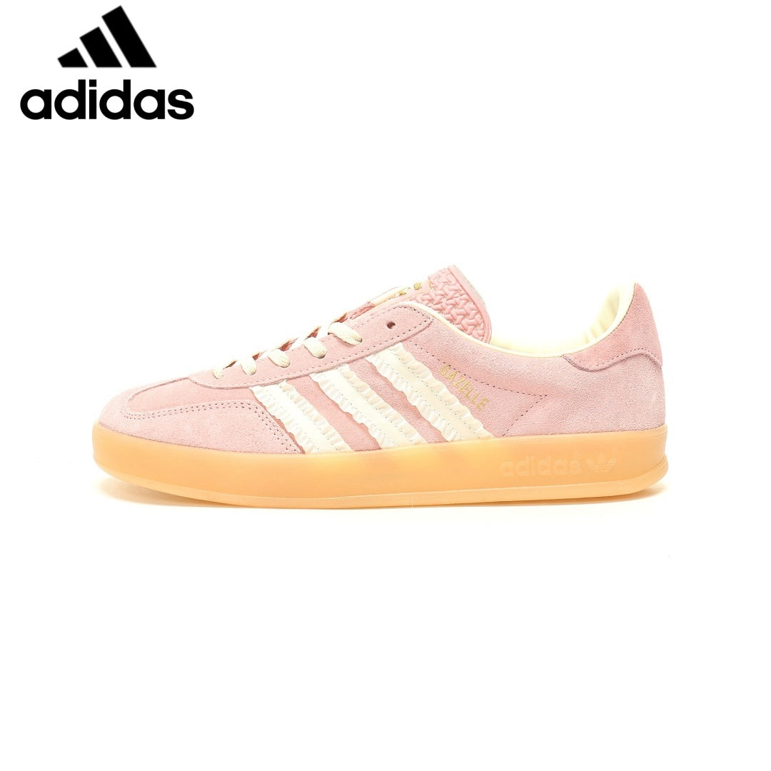 adidas Gazelle Indoor Sneakers – Pink / Off White with Ruffle Stripes，Adidas Women's Shoe Sale / Men's Shoe Sale
