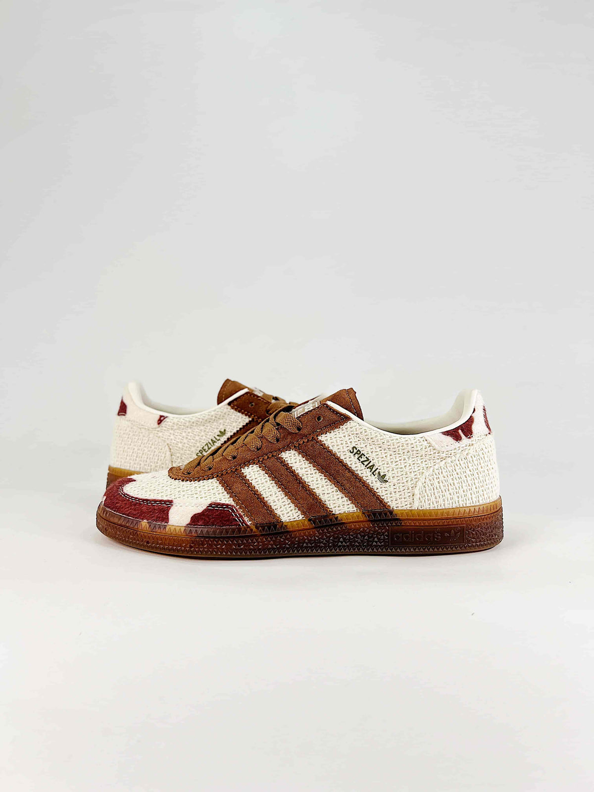 Adidas Handball Spezial Cow Print Mesh Suede Sneakers "Cream Brown Burgundy"-Adidas Women's Shoe Sale / Men's Shoe Sale