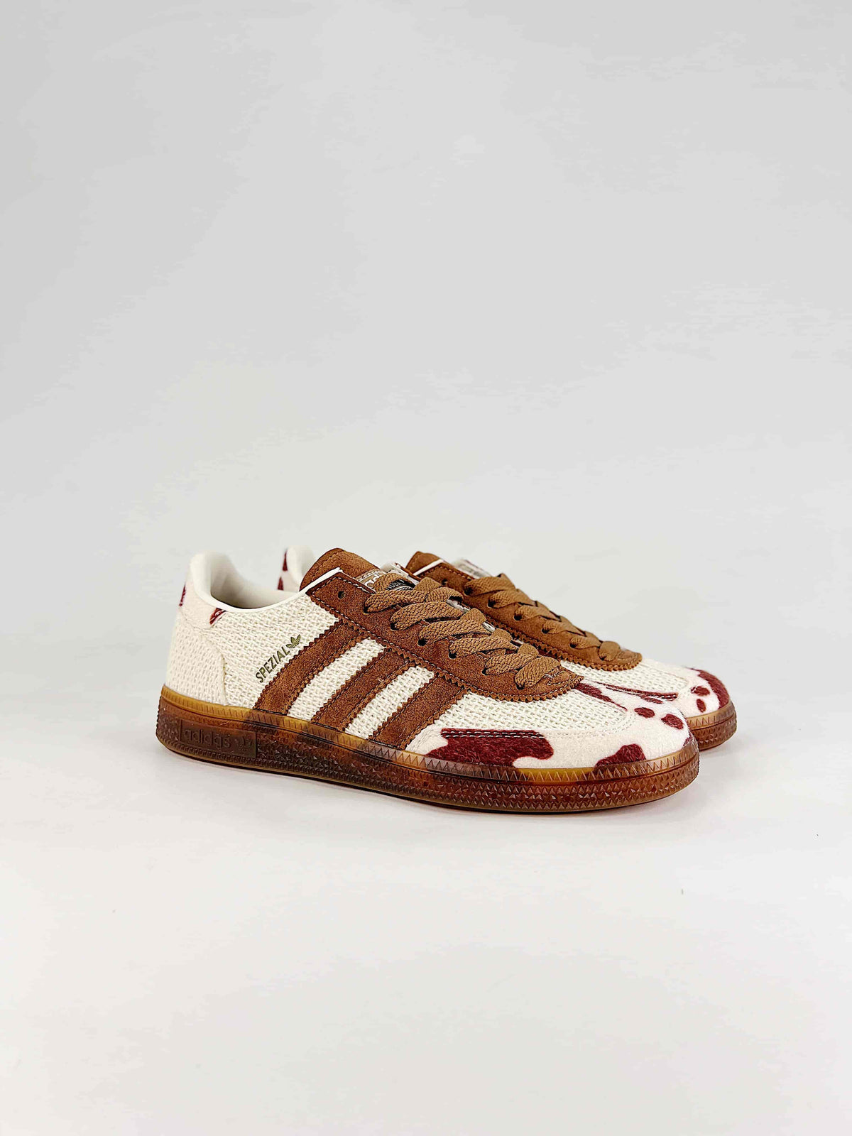 Adidas Handball Spezial Cow Print Mesh Suede Sneakers "Cream Brown Burgundy"-Adidas Women's Shoe Sale / Men's Shoe Sale