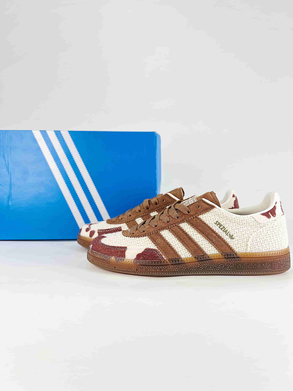 Adidas Handball Spezial Cow Print Mesh Suede Sneakers "Cream Brown Burgundy"-Adidas Women's Shoe Sale / Men's Shoe Sale