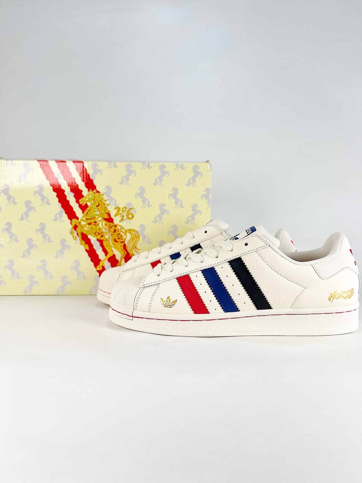Adidas Superstar "Off White Red Blue Black Horse Year"-Classic sneakers，Adidas Women's Shoe Sale / Men's Shoe Sale